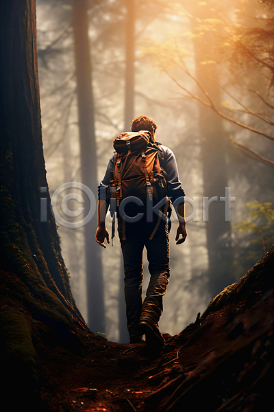 남자 성인 성인남자한명만 한명 JPG 편집이미지 가을(계절) 걷기 나무 등산 등산객 배낭 산 숲속 전신 하이킹