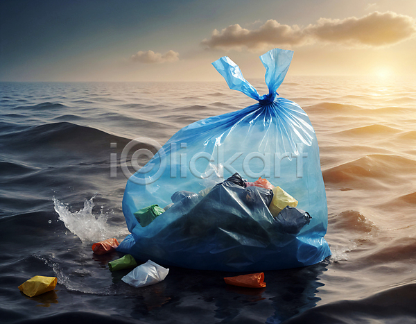 사람없음 JPG 디지털합성 편집이미지 구름(자연) 물결 바다 쓰레기 쓰레기봉투 일몰 하늘 해양쓰레기 해양오염