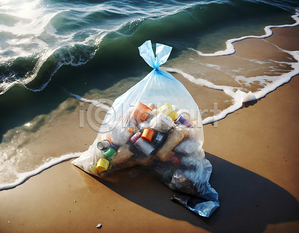 사람없음 JPG 디지털합성 편집이미지 모래사장 쓰레기 쓰레기봉투 파도 해변 해양쓰레기 해양오염