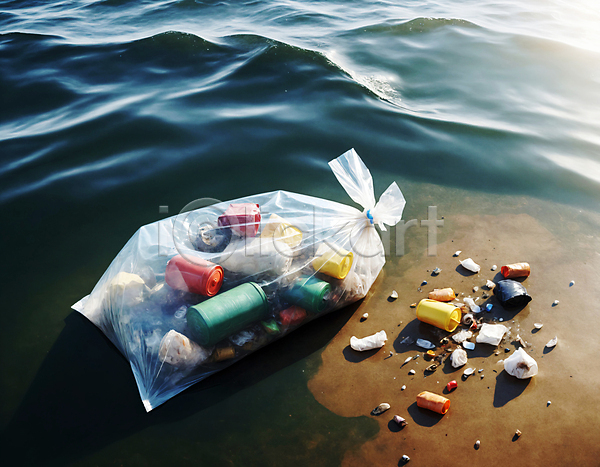 사람없음 JPG 디지털합성 편집이미지 모래사장 물결 쓰레기 쓰레기봉투 해변 해양쓰레기 해양오염