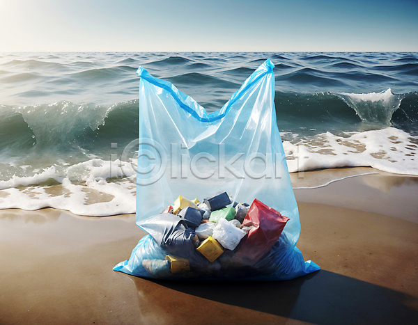 사람없음 JPG 디지털합성 편집이미지 모래사장 물결 쓰레기 쓰레기봉투 파도 해변 해양쓰레기 해양오염 햇빛