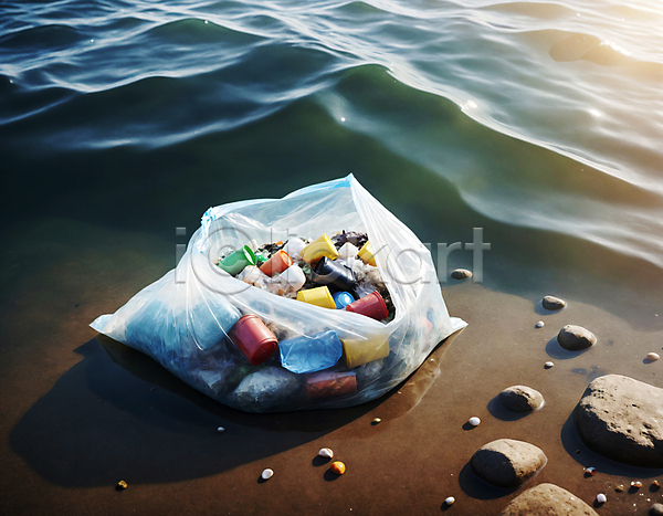 사람없음 JPG 디지털합성 편집이미지 모래사장 물결 쓰레기 쓰레기봉투 조약돌 해변 해양쓰레기 해양오염