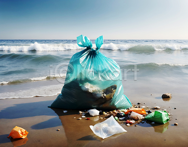 사람없음 JPG 디지털합성 편집이미지 모래사장 쓰레기 쓰레기봉투 파도 해변 해양쓰레기 해양오염