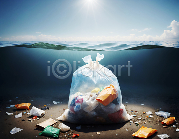 사람없음 JPG 디지털합성 편집이미지 구름(자연) 물결 바다 바닷속 쓰레기 쓰레기봉투 하늘 해양쓰레기 해양오염 햇빛