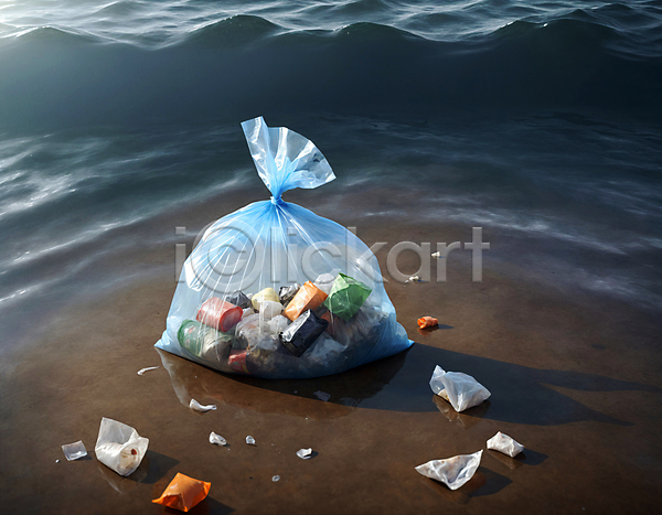 사람없음 JPG 디지털합성 편집이미지 모래사장 물결 쓰레기 쓰레기봉투 해변 해양쓰레기 해양오염