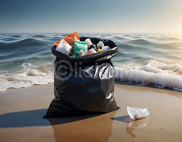 사람없음 JPG 디지털합성 편집이미지 모래사장 물결 쓰레기 쓰레기봉투 파도 해변 해양쓰레기 해양오염