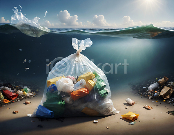 사람없음 JPG 디지털합성 편집이미지 구름(자연) 바닷속 쓰레기 쓰레기봉투 파도 하늘 해양쓰레기 해양오염 햇빛