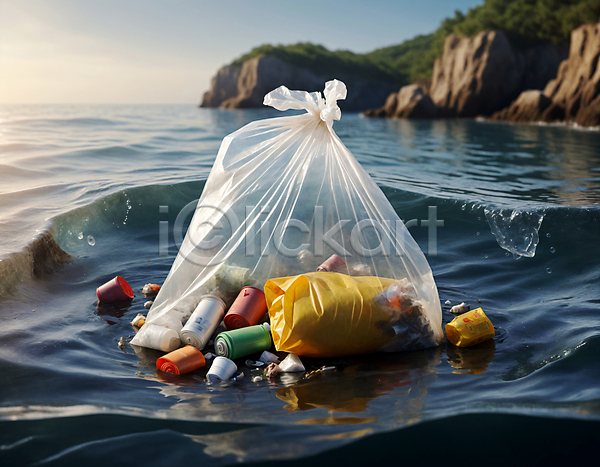 사람없음 JPG 디지털합성 편집이미지 물결 바다 바위 쓰레기 쓰레기봉투 하늘 해양쓰레기 해양오염
