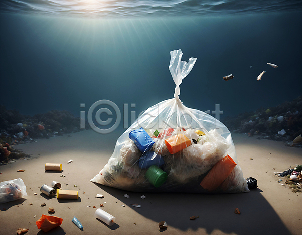 사람없음 JPG 디지털합성 편집이미지 바다 바닷속 쓰레기 쓰레기봉투 해양쓰레기 해양오염