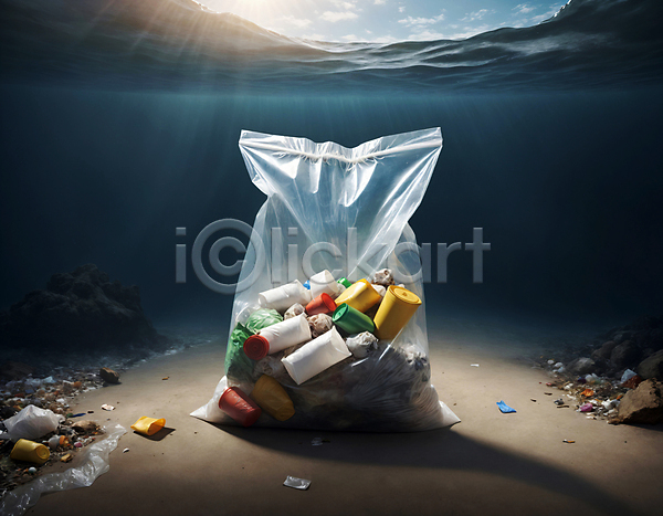 사람없음 JPG 디지털합성 편집이미지 물결 바다 바닷속 쓰레기 쓰레기봉투 해양쓰레기 해양오염