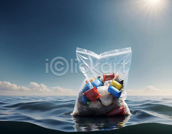 사람없음 JPG 디지털합성 편집이미지 구름(자연) 물결 바다 쓰레기 쓰레기봉투 하늘 해양쓰레기 해양오염 햇빛