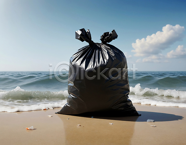 사람없음 JPG 디지털합성 편집이미지 구름(자연) 모래사장 물결 쓰레기 쓰레기봉투 파도 하늘 해변 해양쓰레기 해양오염
