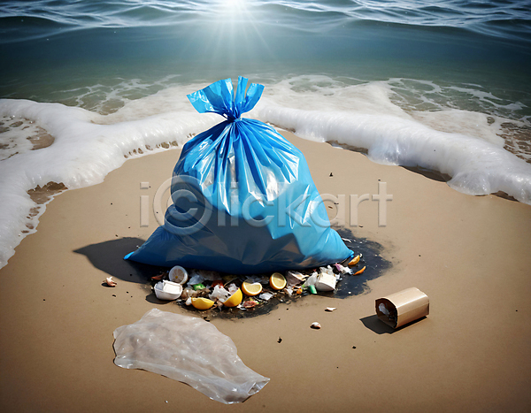 사람없음 JPG 디지털합성 편집이미지 모래사장 쓰레기 쓰레기봉투 파도 해변 해양쓰레기 해양오염 햇빛