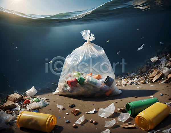사람없음 JPG 디지털합성 편집이미지 바다 바닷속 쓰레기 쓰레기봉투 해양쓰레기 해양오염 햇빛