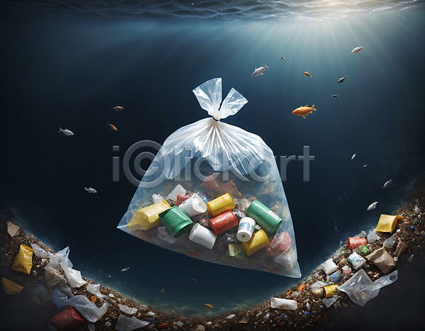 사람없음 JPG 디지털합성 편집이미지 바다 바닷속 쓰레기 쓰레기봉투 어류 해양쓰레기 해양오염