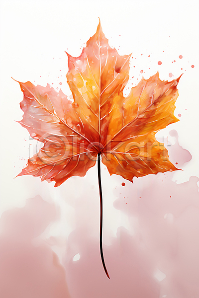 사람없음 JPG 일러스트 가을(계절) 나뭇잎 낙엽 단풍 수채화(물감) 주황색