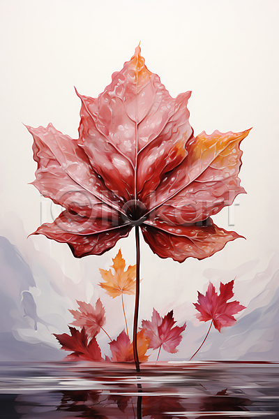 사람없음 JPG 일러스트 가을(계절) 나뭇잎 낙엽 단풍 빨간색 수채화(물감)