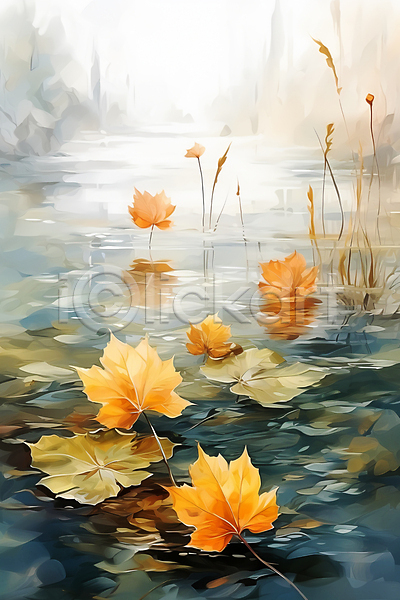 사람없음 JPG 일러스트 가을(계절) 강 나뭇잎 낙엽 단풍 수채화(물감) 호수
