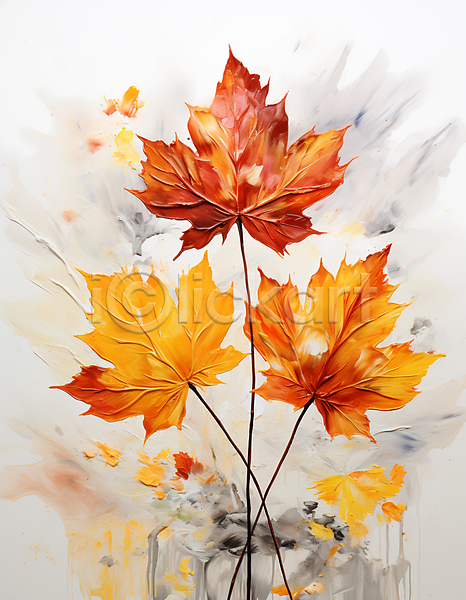 사람없음 JPG 일러스트 가을(계절) 갈색 나뭇잎 낙엽 단풍 수채화(물감) 주황색