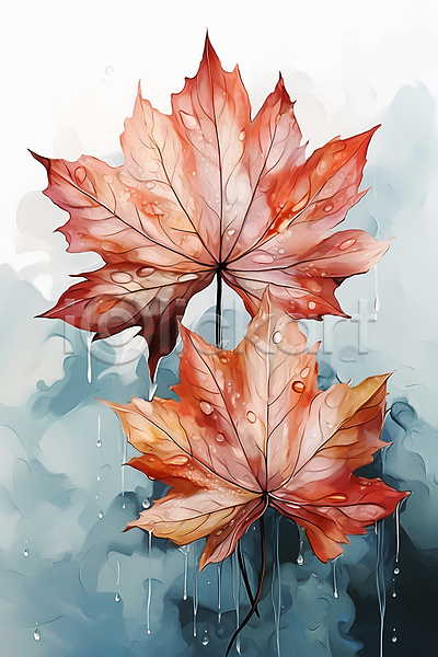 사람없음 JPG 일러스트 가을(계절) 갈색 나뭇잎 낙엽 단풍 비(날씨) 수채화(물감) 젖음