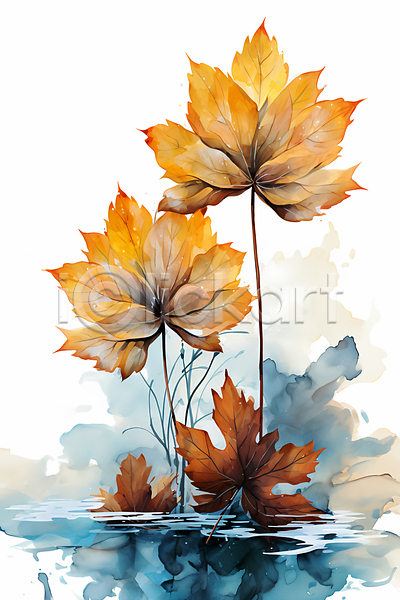 사람없음 JPG 일러스트 가을(계절) 갈색 나뭇잎 낙엽 단풍 수채화(물감)