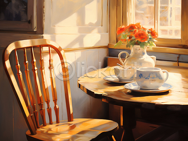 따뜻함 편안함 사람없음 JPG 디지털합성 일러스트 꽃병 실내 유화 의자 인테리어 창문 커피잔 탁자 편집소스 햇빛
