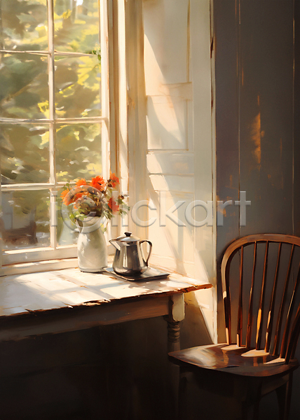 따뜻함 편안함 사람없음 JPG 디지털합성 일러스트 꽃병 실내 유화 의자 인테리어 주전자 창가 창밖 탁자 편집소스 햇빛