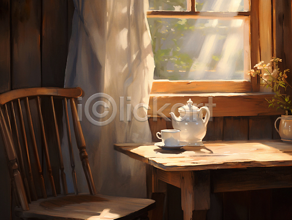 따뜻함 편안함 사람없음 JPG 디지털합성 일러스트 꽃병 실내 유화 의자 인테리어 찻잔 찻주전자 창문 커튼 탁자 편집소스 햇빛