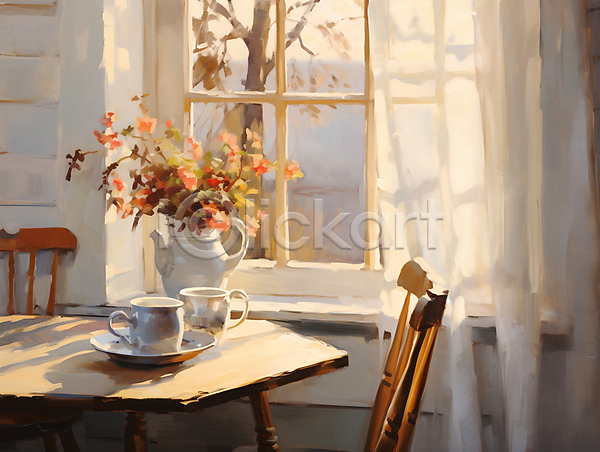 따뜻함 편안함 사람없음 JPG 디지털합성 일러스트 꽃병 실내 유화 의자 인테리어 창문 커튼 커피잔 탁자 편집소스 햇빛