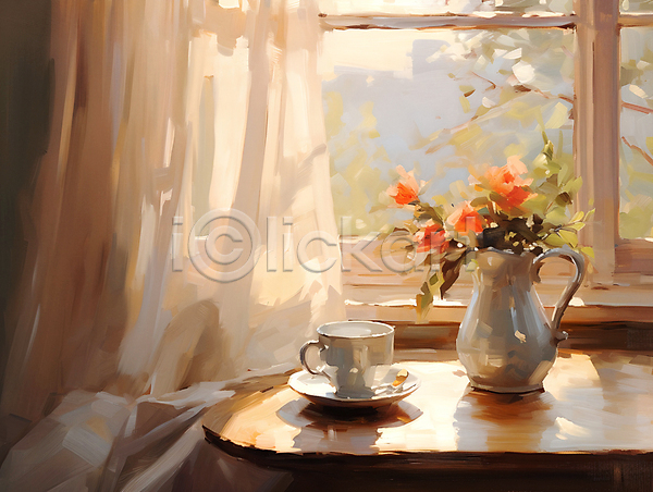 따뜻함 편안함 사람없음 JPG 디지털합성 일러스트 꽃병 실내 유화 인테리어 창가 창문 커튼 커피잔 탁자 편집소스 햇빛