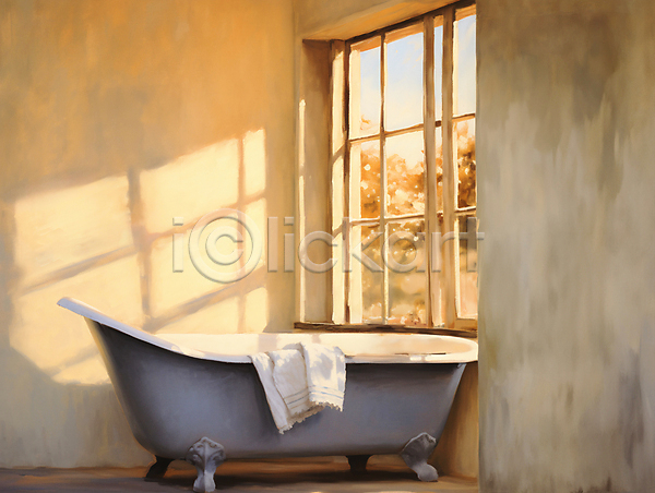 따뜻함 편안함 사람없음 JPG 디지털합성 일러스트 수건 실내 욕실 욕조 유화 인테리어 창문 편집소스 햇빛