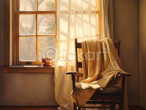 따뜻함 편안함 사람없음 JPG 디지털합성 일러스트 실내 유화 의자 인테리어 창문 천(직물) 커튼 커피잔 편집소스 햇빛