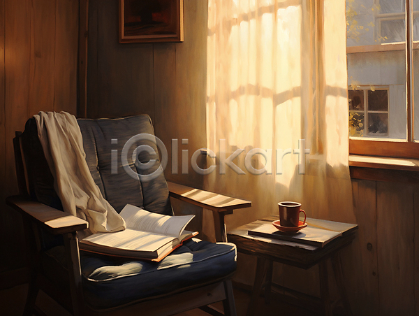 따뜻함 편안함 사람없음 JPG 디지털합성 일러스트 머그컵 실내 유화 의자 인테리어 창문 책 천(직물) 커튼 탁자 편집소스 햇빛