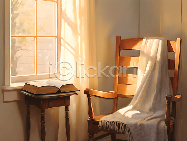 따뜻함 편안함 사람없음 JPG 디지털합성 일러스트 담요 실내 유화 의자 인테리어 창문 책 천(직물) 커튼 탁자 편집소스 햇빛