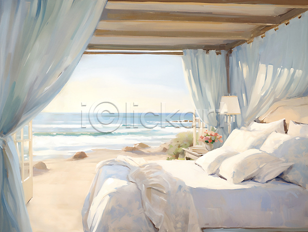 시원함 사람없음 JPG 디지털합성 일러스트 꽃병 스탠드 유화 인테리어 침구 침대 커튼 쿠션 편집소스 풍경(경치) 해변 햇빛