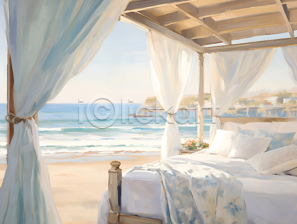 시원함 사람없음 JPG 디지털합성 일러스트 유화 인테리어 침구 침대 커튼 쿠션 편집소스 풍경(경치) 해변 햇빛