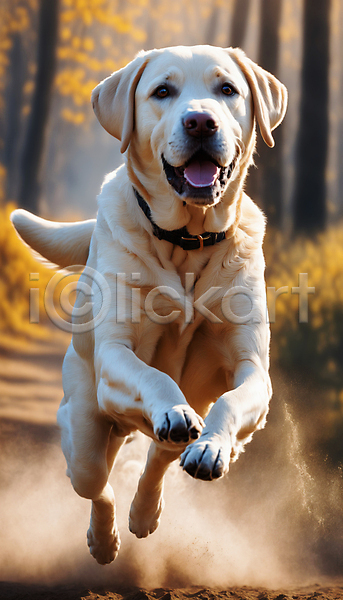 산책 즐거움 사람없음 JPG 디지털합성 편집이미지 강아지 거리 달리기 래브라도리트리버 리트리버 목줄 점프 한마리 흙먼지