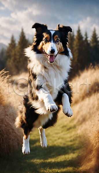 산책 즐거움 사람없음 JPG 디지털합성 편집이미지 강아지 거리 달리기 점프 콜리 한마리