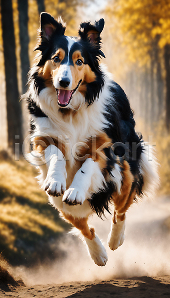 산책 즐거움 사람없음 JPG 디지털합성 편집이미지 강아지 거리 달리기 점프 콜리 한마리 흙먼지