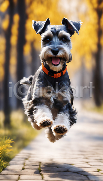 산책 즐거움 사람없음 JPG 디지털합성 편집이미지 강아지 거리 달리기 목줄 슈나우저 점프 한마리