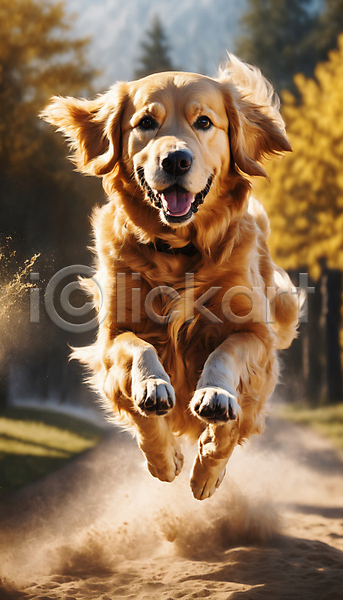 산책 즐거움 사람없음 JPG 디지털합성 편집이미지 강아지 거리 골든리트리버 달리기 리트리버 점프 한마리 흙먼지