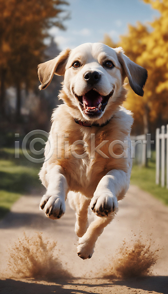산책 즐거움 사람없음 JPG 디지털합성 편집이미지 강아지 거리 달리기 래브라도리트리버 리트리버 점프 한마리 흙먼지