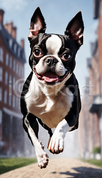 산책 즐거움 사람없음 JPG 디지털합성 편집이미지 강아지 거리 달리기 보스턴테리어 점프 한마리