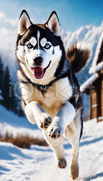 산책 즐거움 사람없음 JPG 디지털합성 편집이미지 강아지 거리 달리기 시베리안허스키 점프 한마리