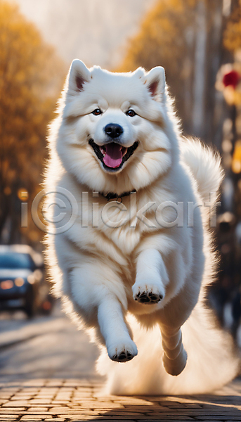 산책 즐거움 사람없음 JPG 디지털합성 편집이미지 강아지 거리 달리기 사모예드 점프 한마리 흙먼지