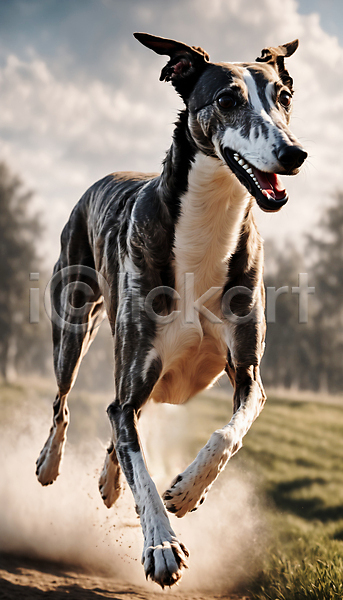 산책 즐거움 사람없음 JPG 디지털합성 편집이미지 강아지 거리 그레이하운드 달리기 점프 한마리 흙먼지