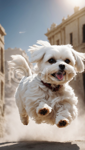 산책 즐거움 사람없음 JPG 디지털합성 편집이미지 강아지 거리 달리기 말티즈 목줄 점프 한마리 햇빛 흙먼지