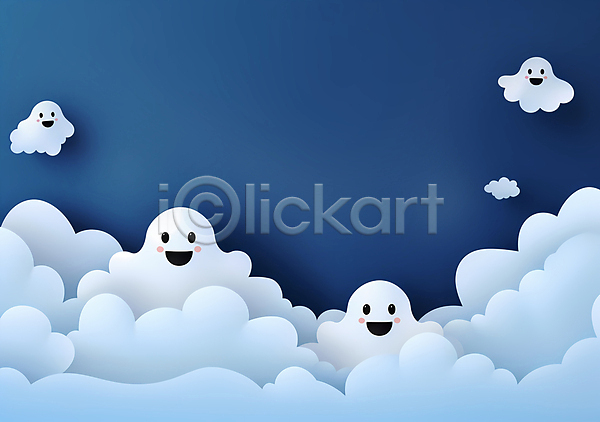 귀여움 사람없음 JPG 일러스트 구름(자연) 백그라운드 유령 카피스페이스 캐릭터 파란색 할로윈