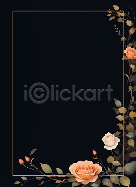 사람없음 JPG 일러스트 꽃 백그라운드 보테니컬아트 사각형 잎 장미 주황색 카피스페이스 테두리 프레임