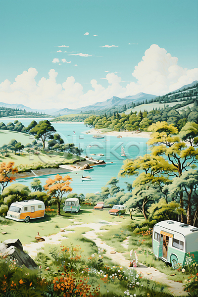 사람없음 JPG 디지털합성 편집이미지 구름(자연) 꽃 나무 바위(돌) 배(교통) 산 캠핑 캠핑장 캠핑카 풍경(경치) 하늘 호수